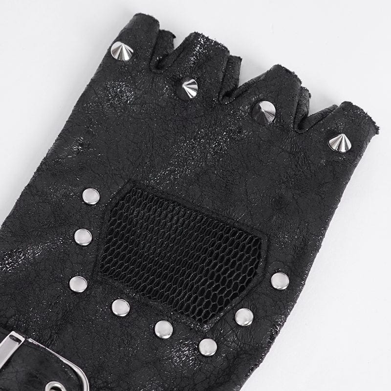 DEVIL FASHION Men's Gothic Studded Mesh Splice Half-finger Gloves