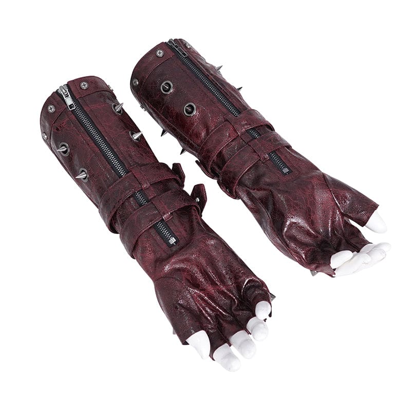 DEVIL FASHION Men's Gothic Studded Mesh Splice Red Half-finger Gloves
