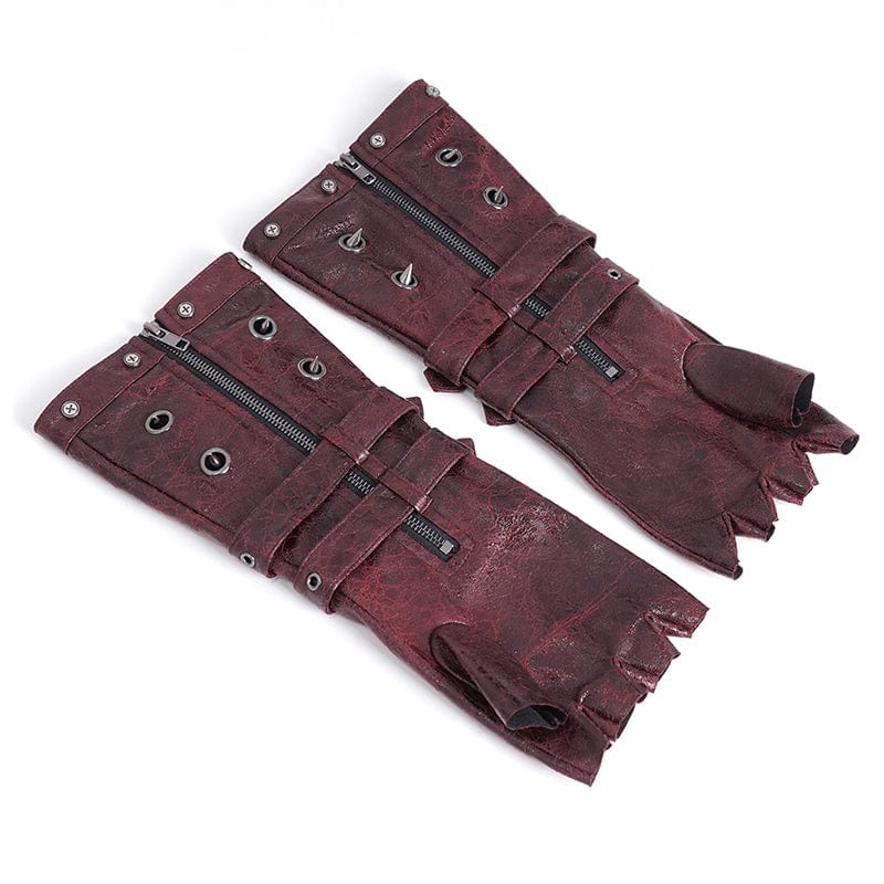 DEVIL FASHION Men's Gothic Studded Mesh Splice Red Half-finger Gloves