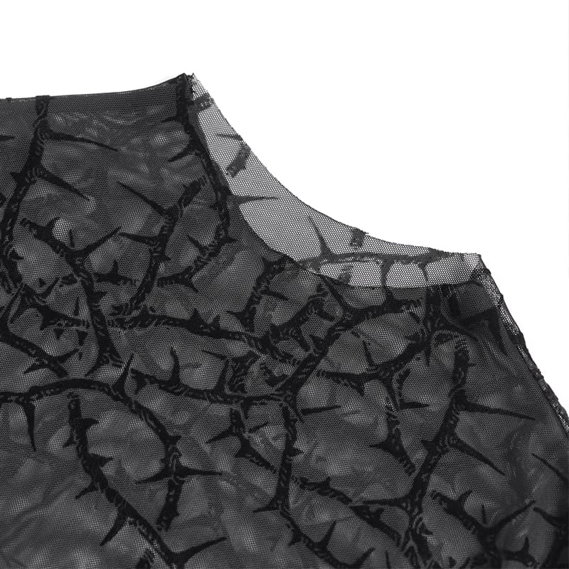 DEVIL FASHION Men's Gothic Thorny Vine Flocked Sheer Mesh Long Sleeve Top