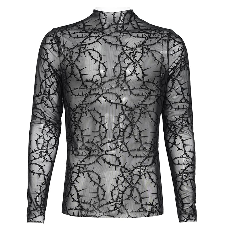 DEVIL FASHION Men's Gothic Thorny Vine Flocked Sheer Mesh Long Sleeve Top