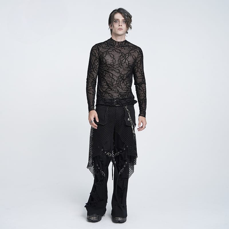DEVIL FASHION Men's Gothic Thorny Vine Flocked Sheer Mesh Long Sleeve Top