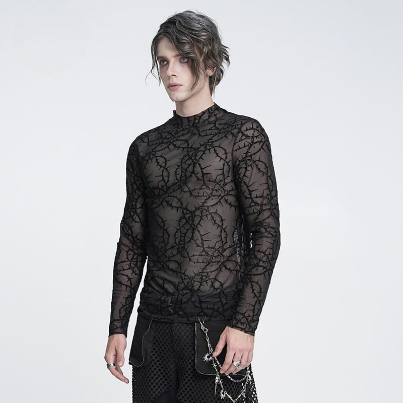DEVIL FASHION Men's Gothic Thorny Vine Flocked Sheer Mesh Long Sleeve Top