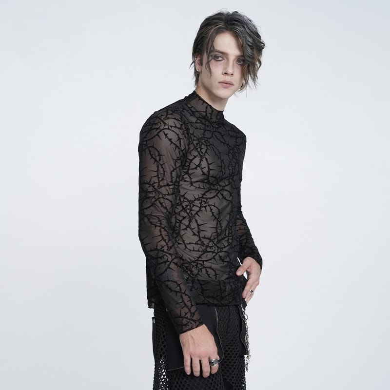 DEVIL FASHION Men's Gothic Thorny Vine Flocked Sheer Mesh Long Sleeve Top