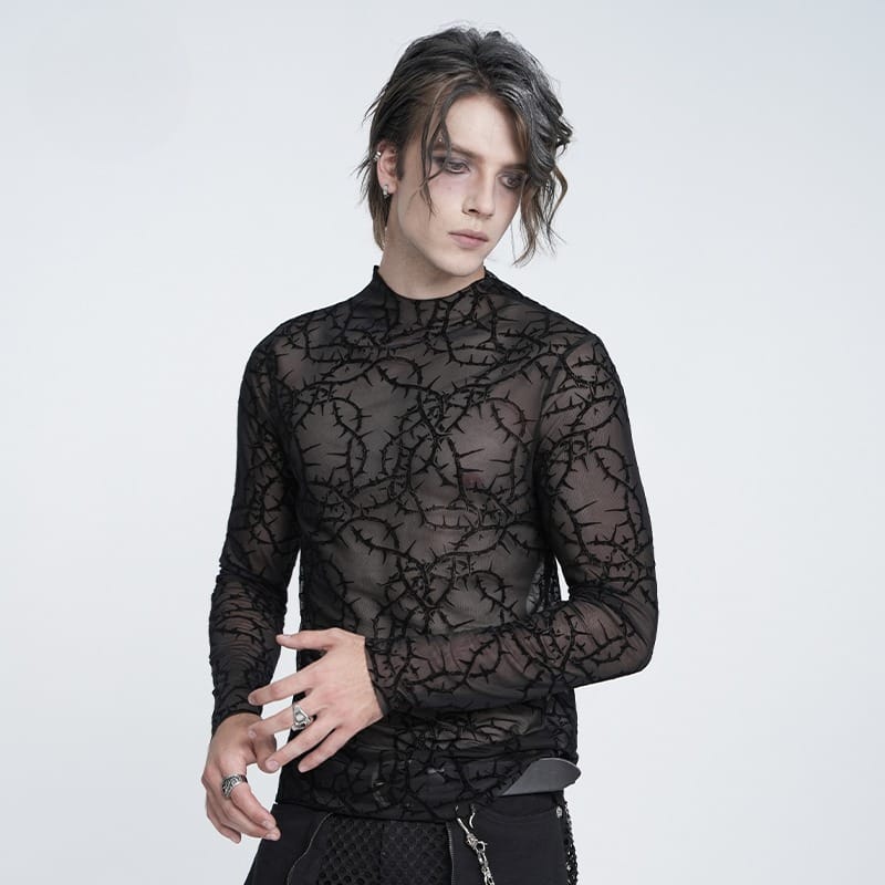 DEVIL FASHION Men's Gothic Thorny Vine Flocked Sheer Mesh Long Sleeve Top