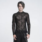 DEVIL FASHION Men's Gothic Thorny Vine Flocked Sheer Mesh Long Sleeve Top