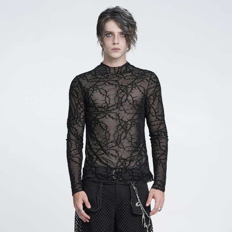 DEVIL FASHION Men's Gothic Thorny Vine Flocked Sheer Mesh Long Sleeve Top