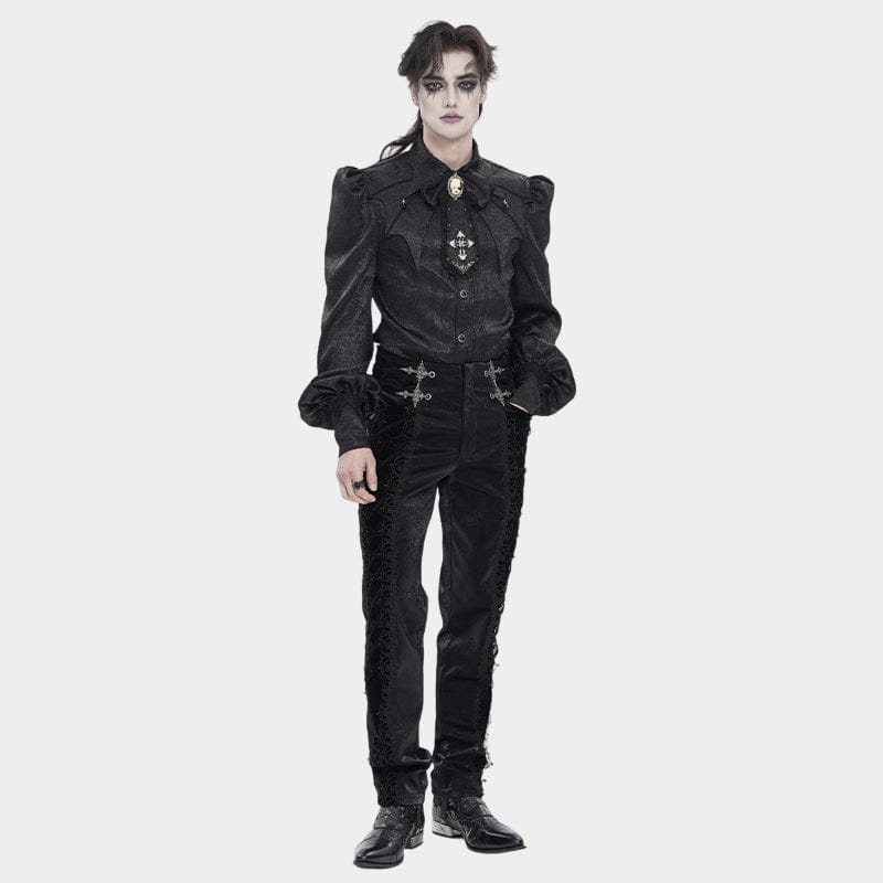 DEVIL FASHION Men's Gothic Velvet Splice Lace-up Cross Pants Black