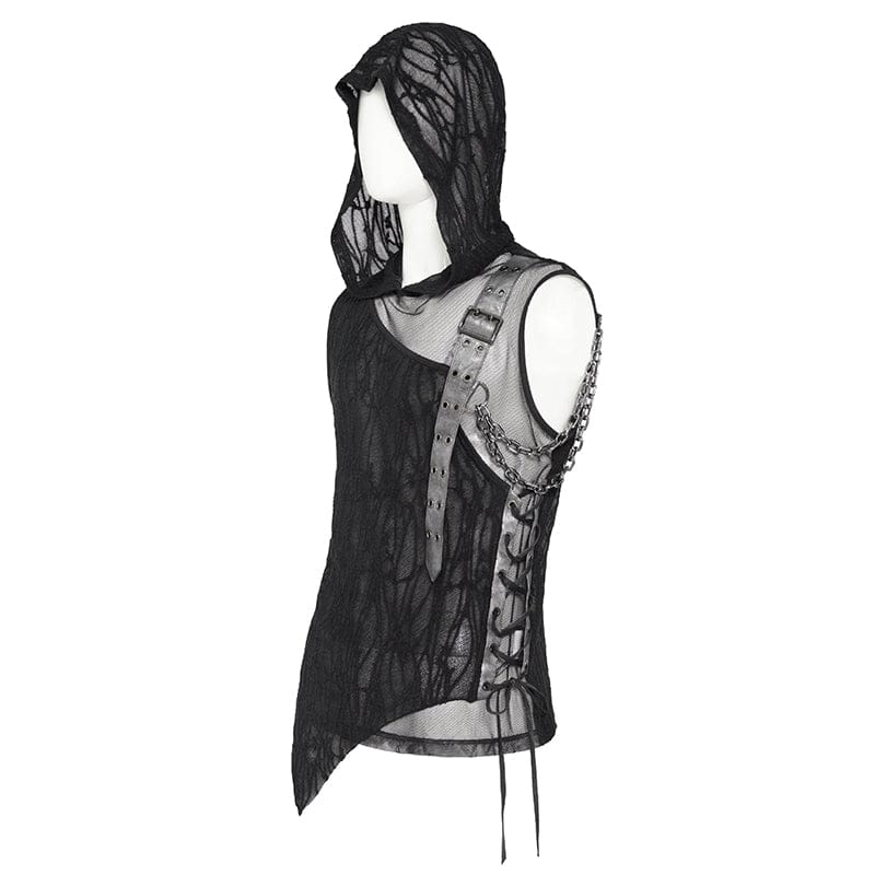DEVIL FASHION Men's Punk Asymmetric Chained Hooded Tank Top