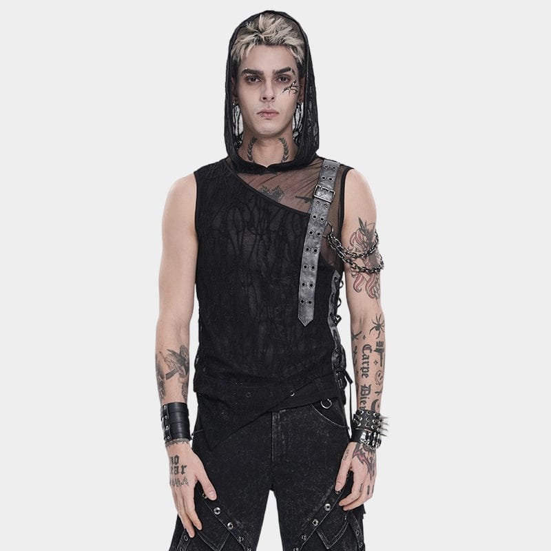 DEVIL FASHION Men's Punk Asymmetric Chained Hooded Tank Top