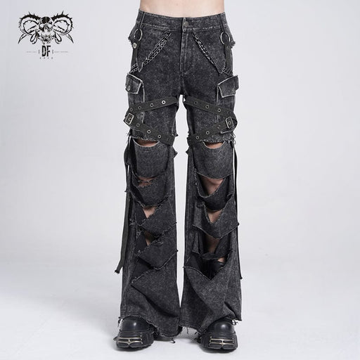 DEVIL FASHION Men's Punk Big-pocket Distressed Pants with Chain