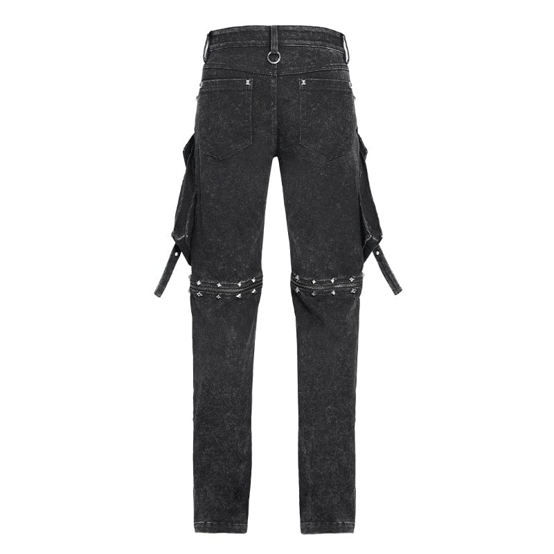 DEVIL FASHION Men's Punk Big Pockets Eyelets Rivets Pants with Detachable Legs
