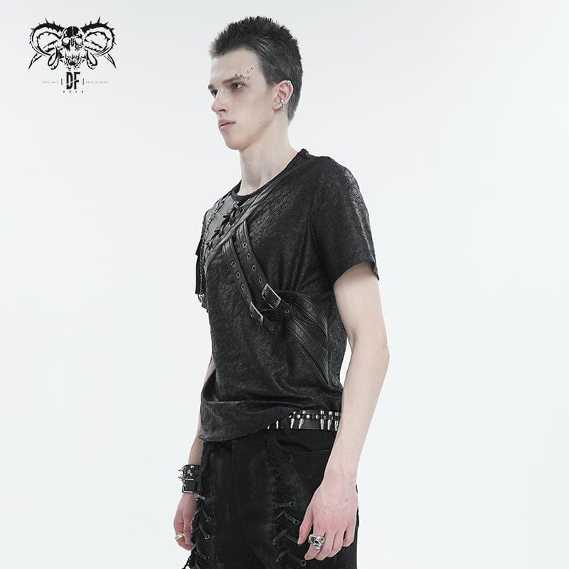 DEVIL FASHION Men's Punk Buckle Splice Faux Leather T-shirt