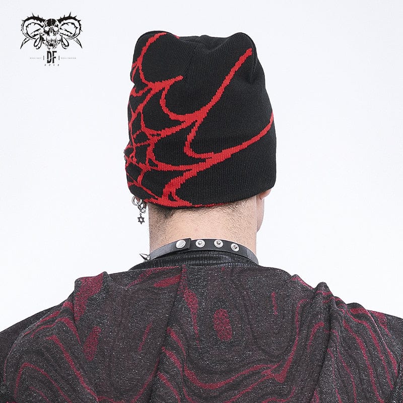 DEVIL FASHION Men's Punk Contrast Color Spider Web Knitted Beanie Red