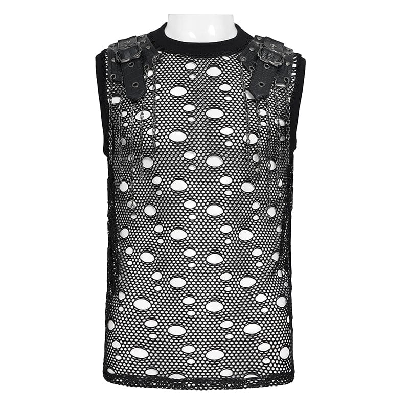 DEVIL FASHION Men's Punk Cut-out Chained Mesh Tank Top