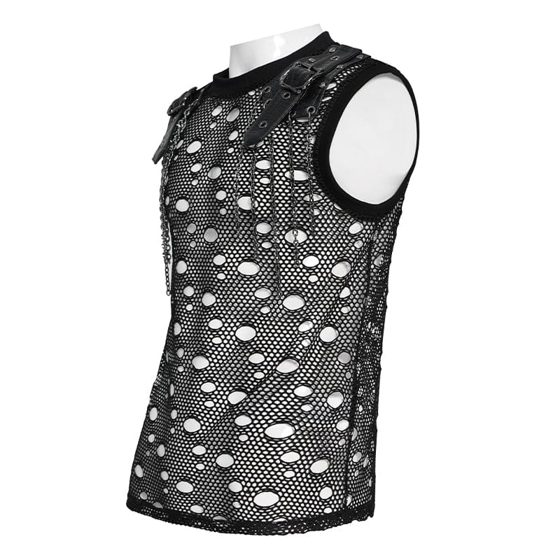 DEVIL FASHION Men's Punk Cut-out Chained Mesh Tank Top