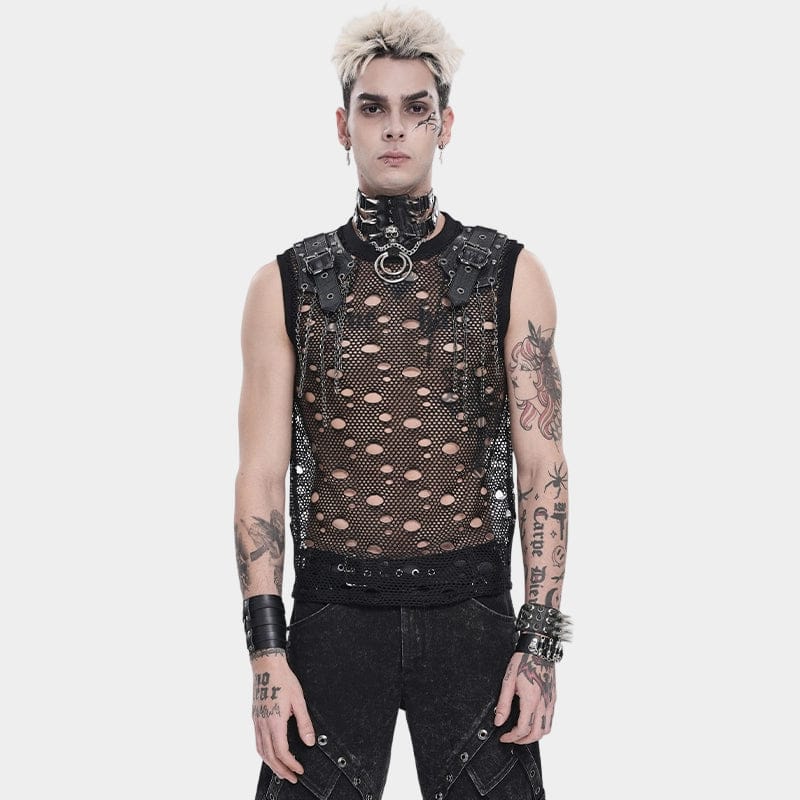 DEVIL FASHION Men's Punk Cut-out Chained Mesh Tank Top