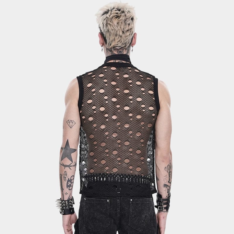 DEVIL FASHION Men's Punk Cut-out Chained Mesh Tank Top