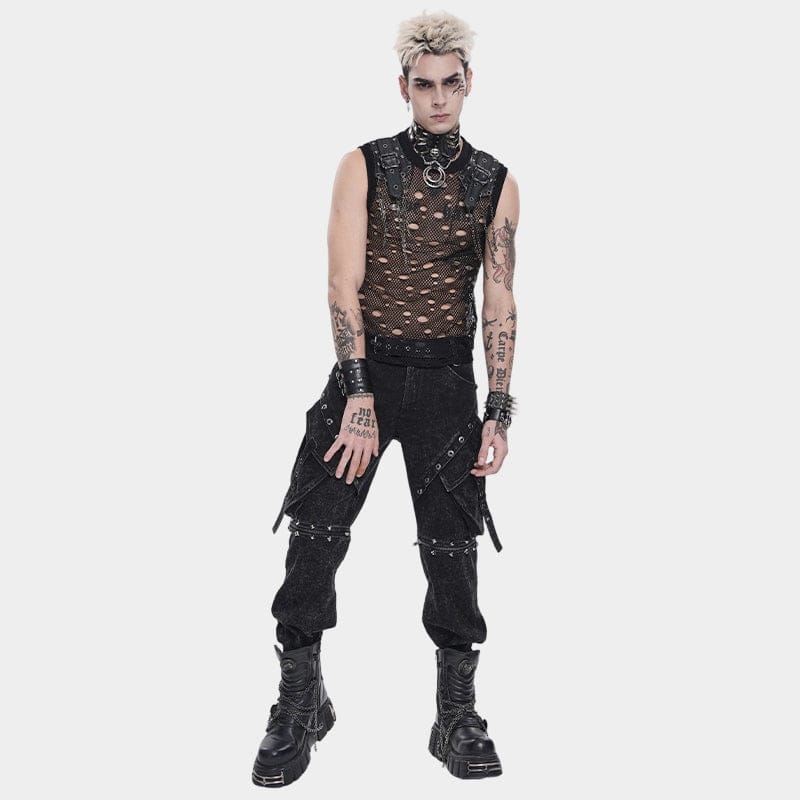 DEVIL FASHION Men's Punk Cut-out Chained Mesh Tank Top