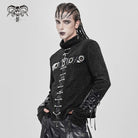 DEVIL FASHION Men's Punk Eyelet Chained Faux Leather Splice Shirt