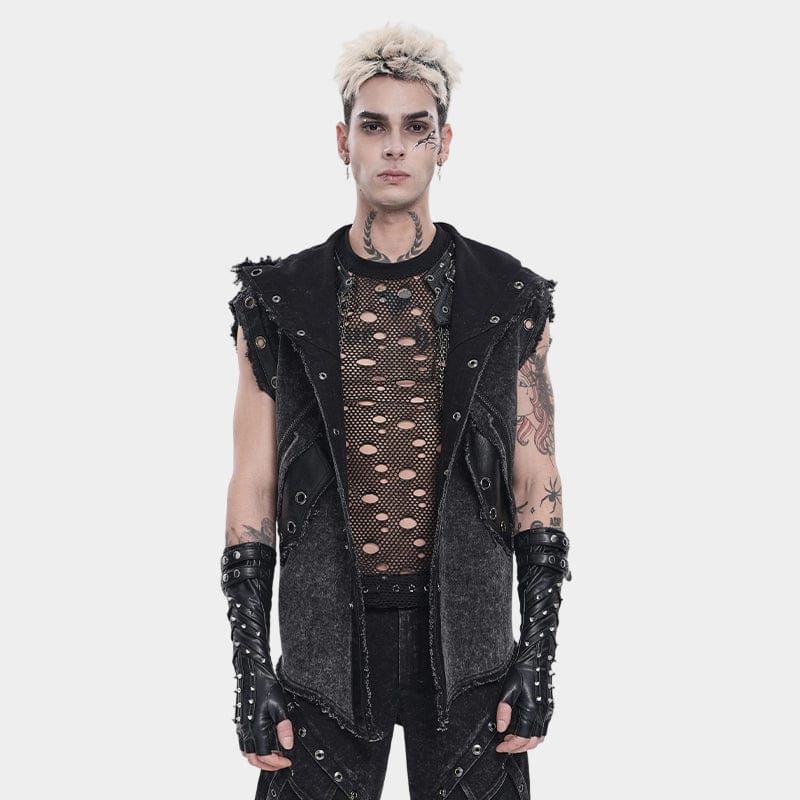 DEVIL FASHION Men's Punk Eyelet Unedged Hooded Vest
