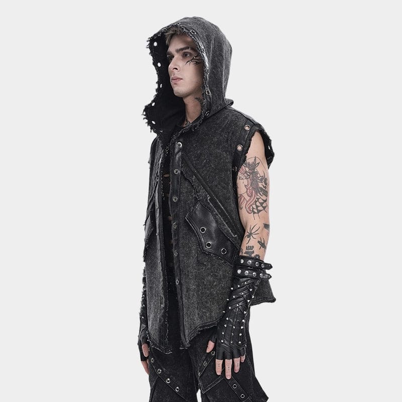 DEVIL FASHION Men's Punk Eyelet Unedged Hooded Vest