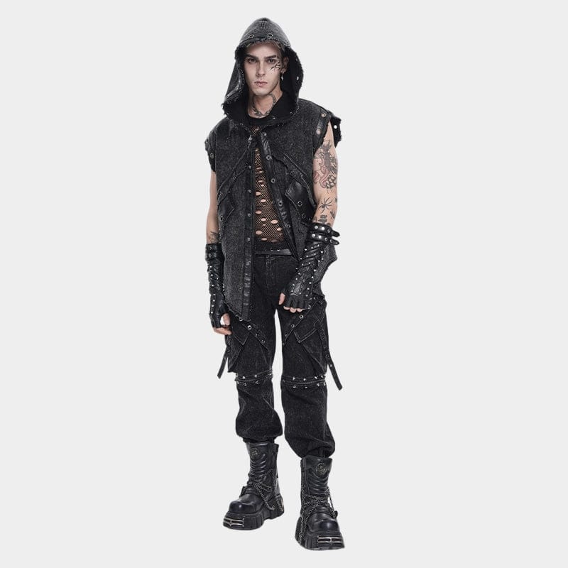 DEVIL FASHION Men's Punk Eyelet Unedged Hooded Vest