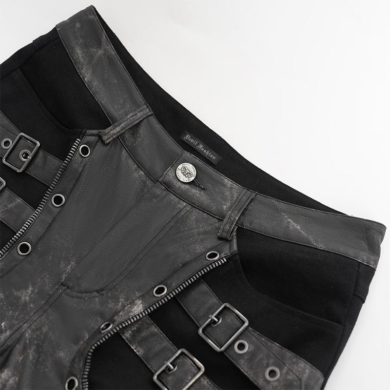 DEVIL FASHION Men's Punk Faux Leather Splice Buckle Pants