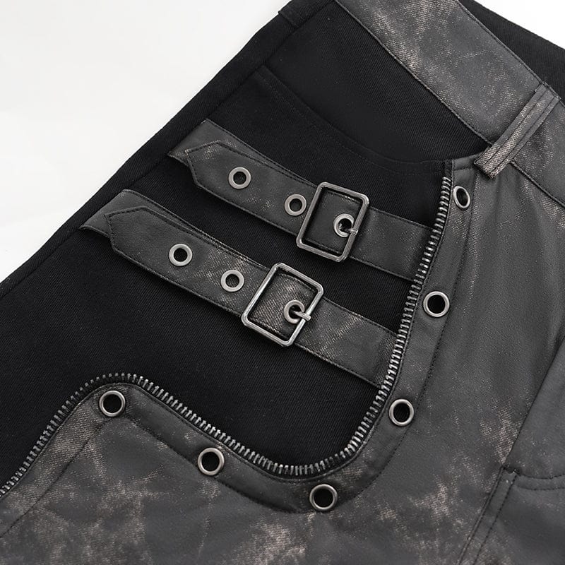 DEVIL FASHION Men's Punk Faux Leather Splice Buckle Pants