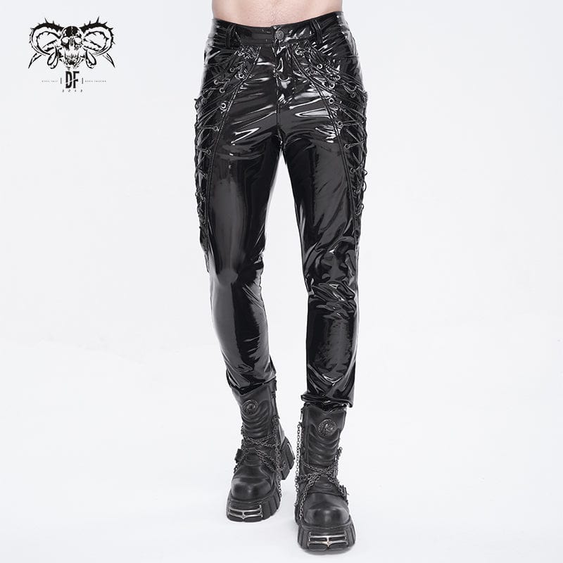 DEVIL FASHION Men's Punk Lace-up Patent Leather Pants