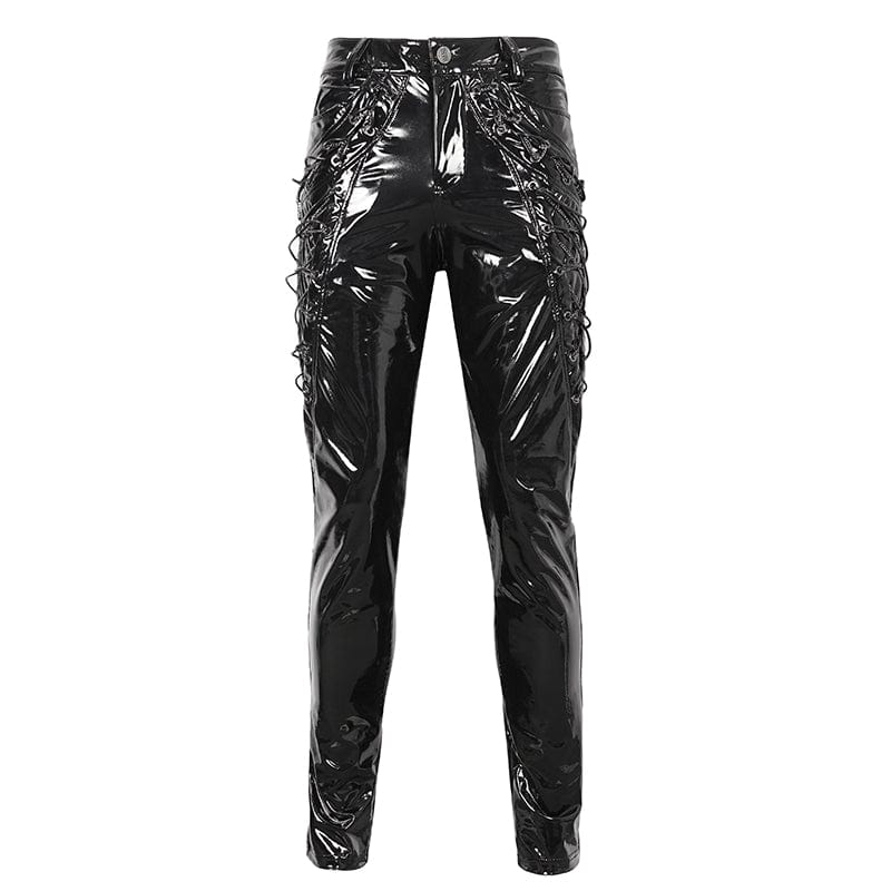 DEVIL FASHION Men's Punk Lace-up Patent Leather Pants