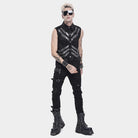 DEVIL FASHION Men's Punk Layered Buckle-up Straps Turn-down Collar Top