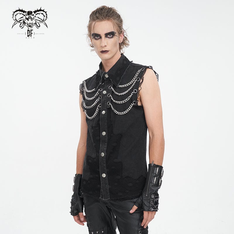 DEVIL FASHION Men's Punk Multi-chain Distressed Vest