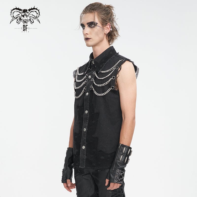 DEVIL FASHION Men's Punk Multi-chain Distressed Vest