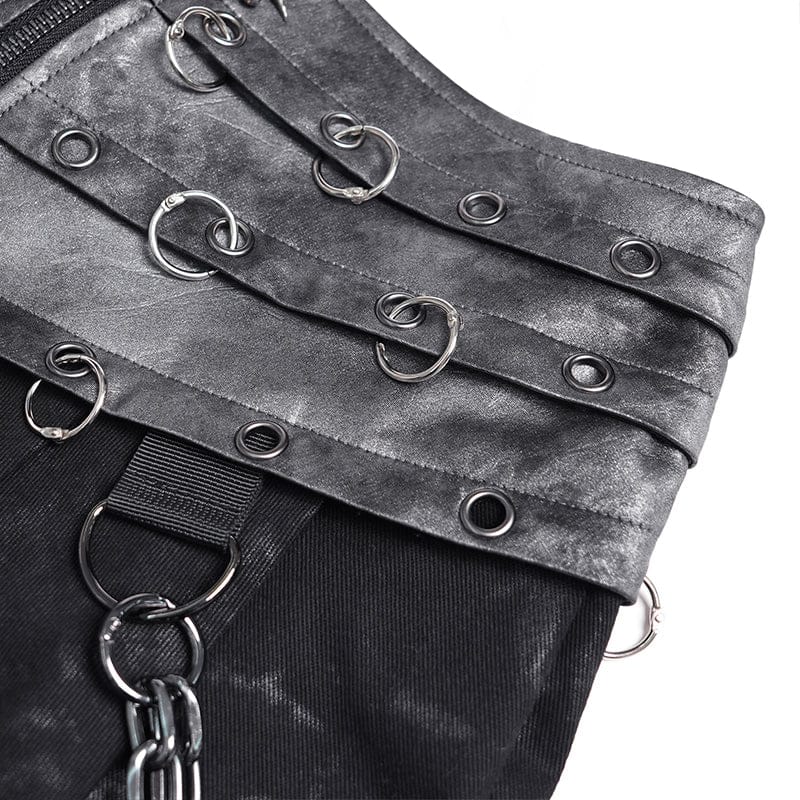 DEVIL FASHION Men's Punk Rings Chains Zip Pleated Skirt
