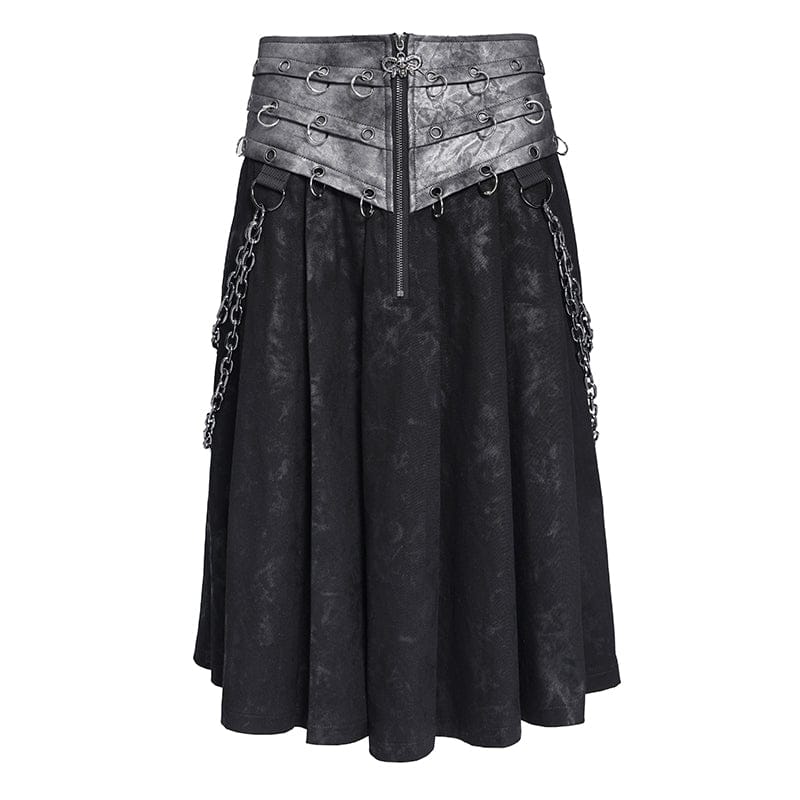 DEVIL FASHION Men's Punk Rings Chains Zip Pleated Skirt