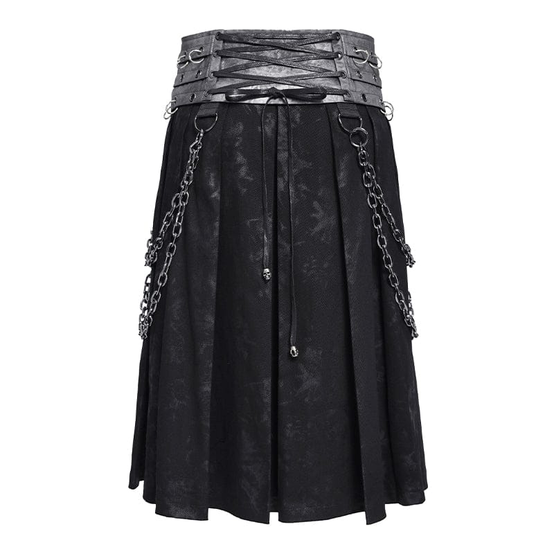DEVIL FASHION Men's Punk Rings Chains Zip Pleated Skirt