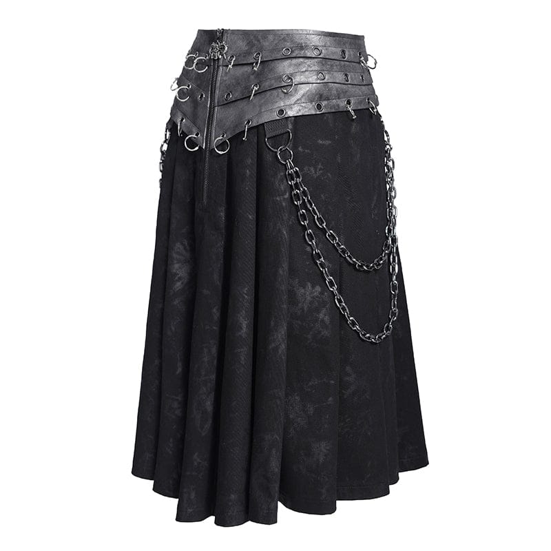 DEVIL FASHION Men's Punk Rings Chains Zip Pleated Skirt