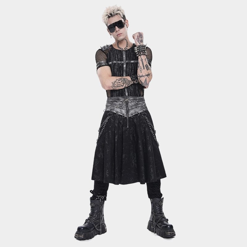 DEVIL FASHION Men's Punk Rings Chains Zip Pleated Skirt