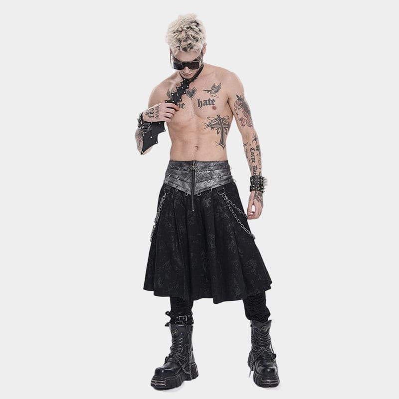 DEVIL FASHION Men's Punk Rings Chains Zip Pleated Skirt