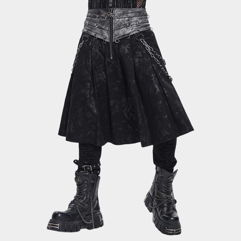 DEVIL FASHION Men's Punk Rings Chains Zip Pleated Skirt