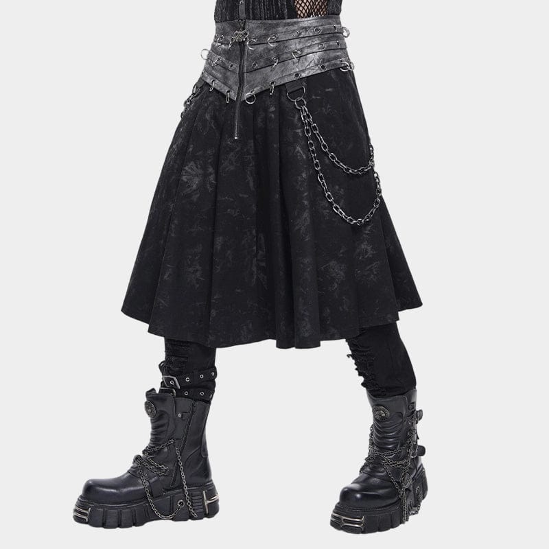 DEVIL FASHION Men's Punk Rings Chains Zip Pleated Skirt