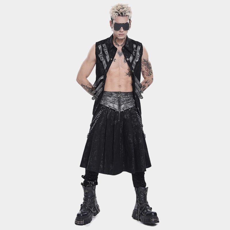 DEVIL FASHION Men's Punk Rings Chains Zip Pleated Skirt