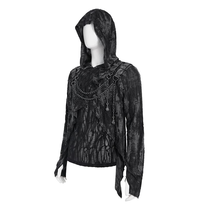 DEVIL FASHION Men's Punk Ripped Chained Hoodie