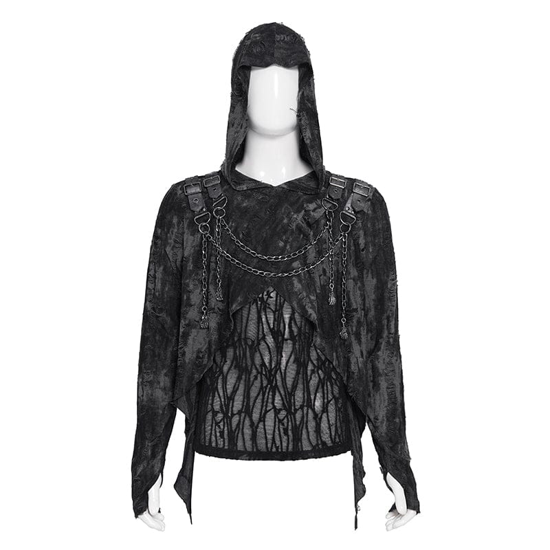 DEVIL FASHION Men's Punk Ripped Chained Hoodie