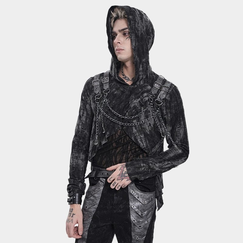 DEVIL FASHION Men's Punk Ripped Chained Hoodie