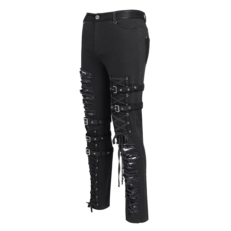 DEVIL FASHION Men's Punk Ripped Straps Straight-leg Pants