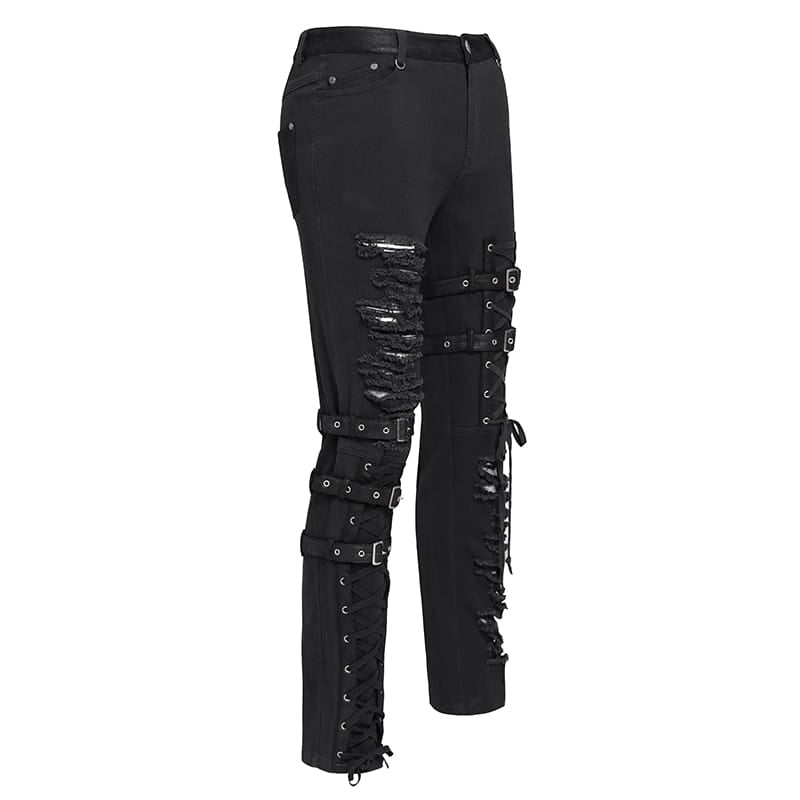DEVIL FASHION Men's Punk Ripped Straps Straight-leg Pants