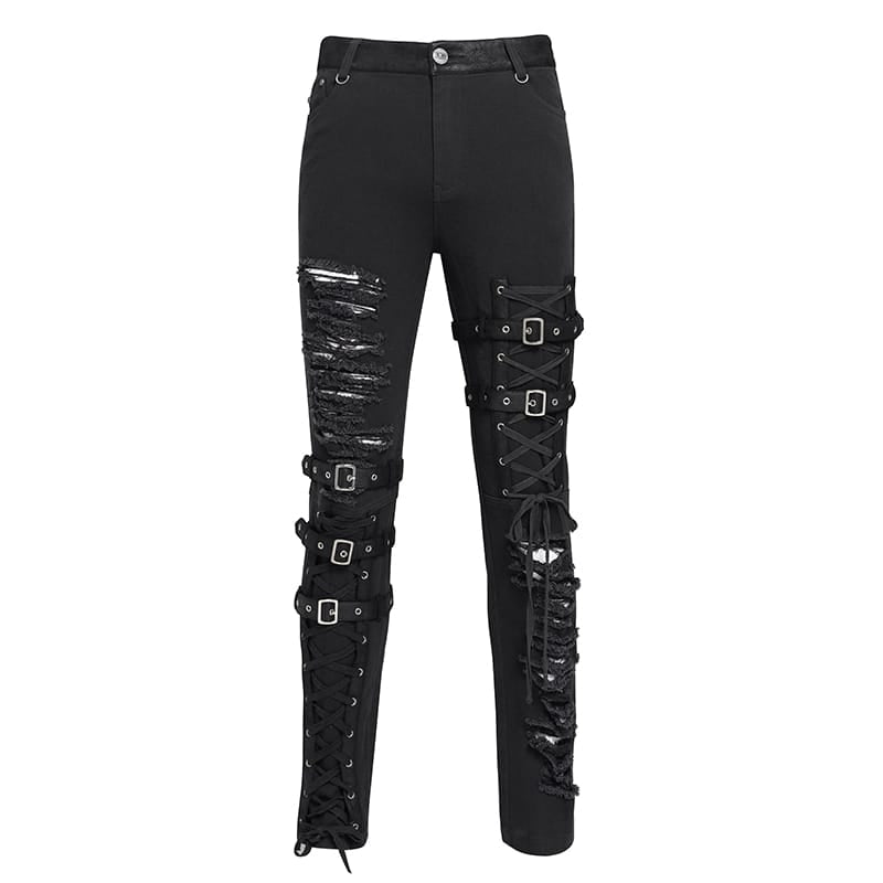 DEVIL FASHION Men's Punk Ripped Straps Straight-leg Pants