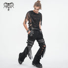 DEVIL FASHION Men's Punk Ripped Tassels Mesh Splice T-shirt